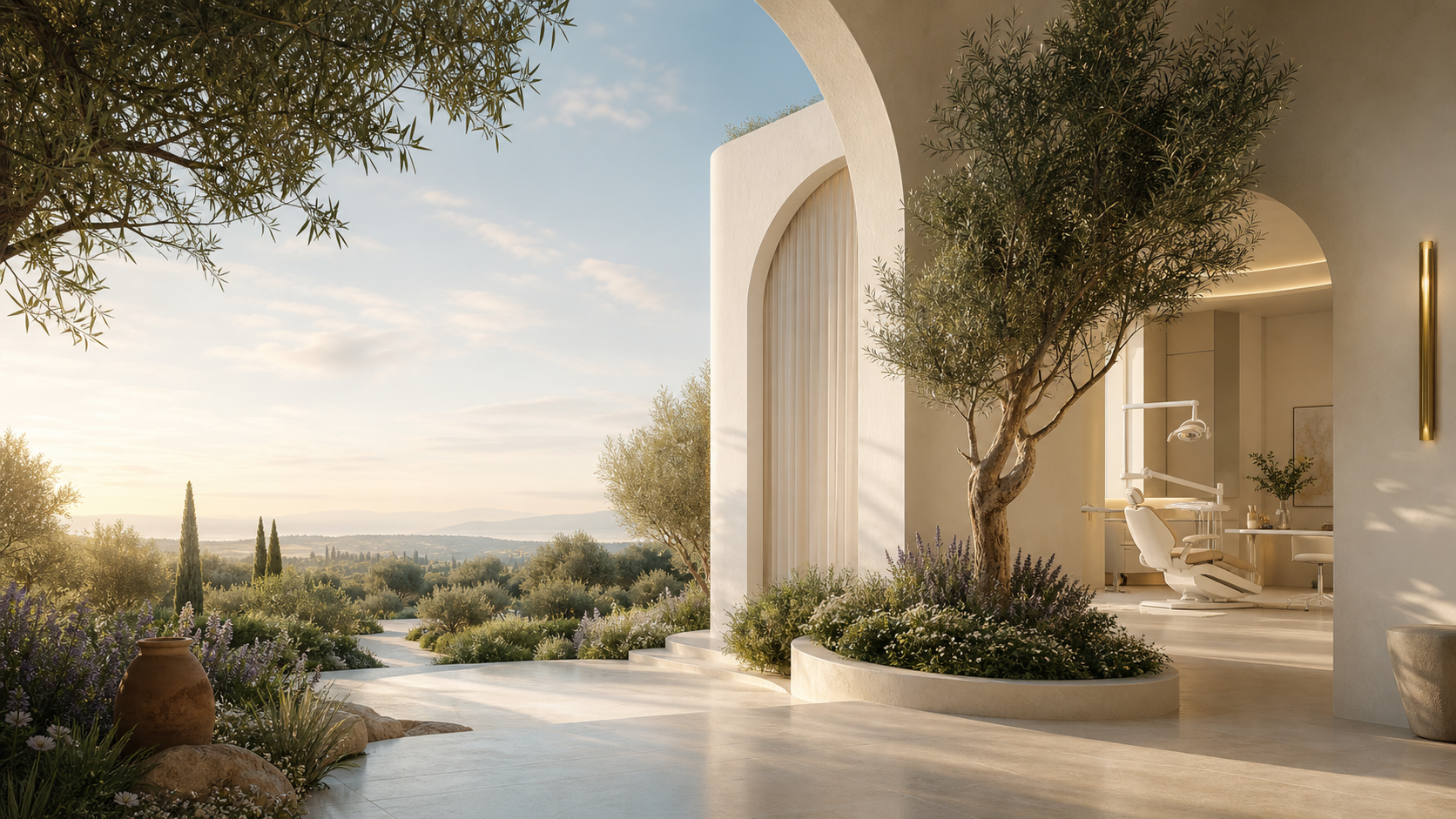 A luminous dental pavilion opening onto a peaceful olive garden at sunrise